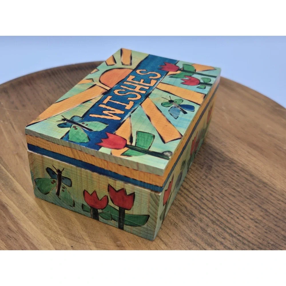 Stephanie Burgess Painted Peace Wood Trinket Box WISHES Butterflies Tulips 4.75